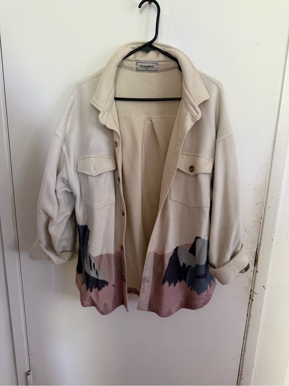 Wondery Cream Overshirt Shacket with Pink and Blue Scenic Hem